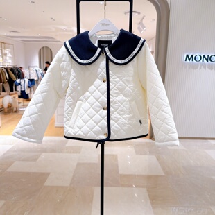 T+韩国童装代购2026春季新品女童翻领菱形格纹薄棉服外套中大童