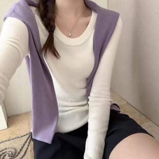 1688诗之韵针织内衣厂   新款韩版毛衣U领长袖安迪绒纯色修身