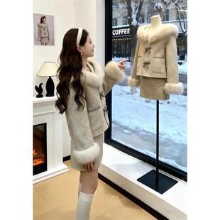 法式高级感毛呢套装名媛千金拼接毛领宽松显瘦外套半身裙高端套装