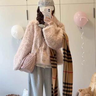 淡淡桃粉洋气翻领毛绒外套女冬季新款小众慵懒感休闲百搭保暖大衣