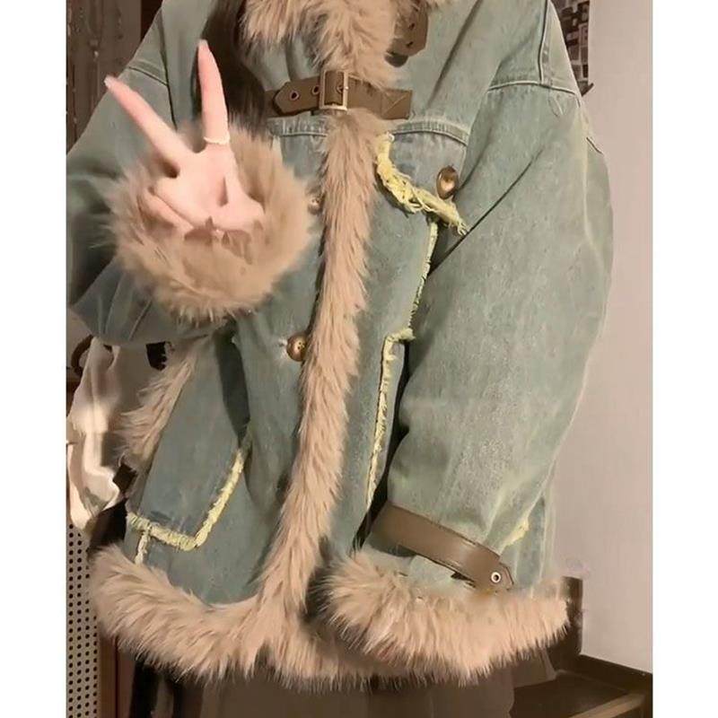 牛仔毛毛外套女秋冬季2025新款宽松加厚高级感拼接复古羊羔毛棉服,女装/女士精品,时尚套装,淘宝优惠券,粉丝福利购,淘宝优惠卷
