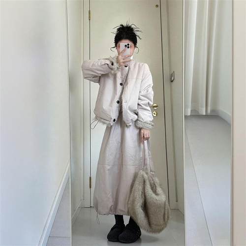 巨好看冬装一整套慵懒松弛感抽绳加绒棉服外套花苞半身裙两件套女