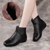 加厚女靴 棉靴加绒平底防滑保暖老人短靴真皮中老年女鞋 冬季 妈妈鞋