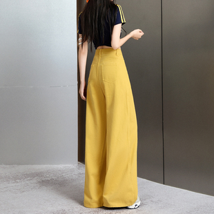 拉夏贝尔树叶黄美式复古弯刀牛仔裤女2026秋宽松设计感阔腿裤子