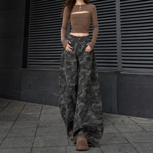 拉夏贝尔迷彩阔腿显瘦牛仔裤女