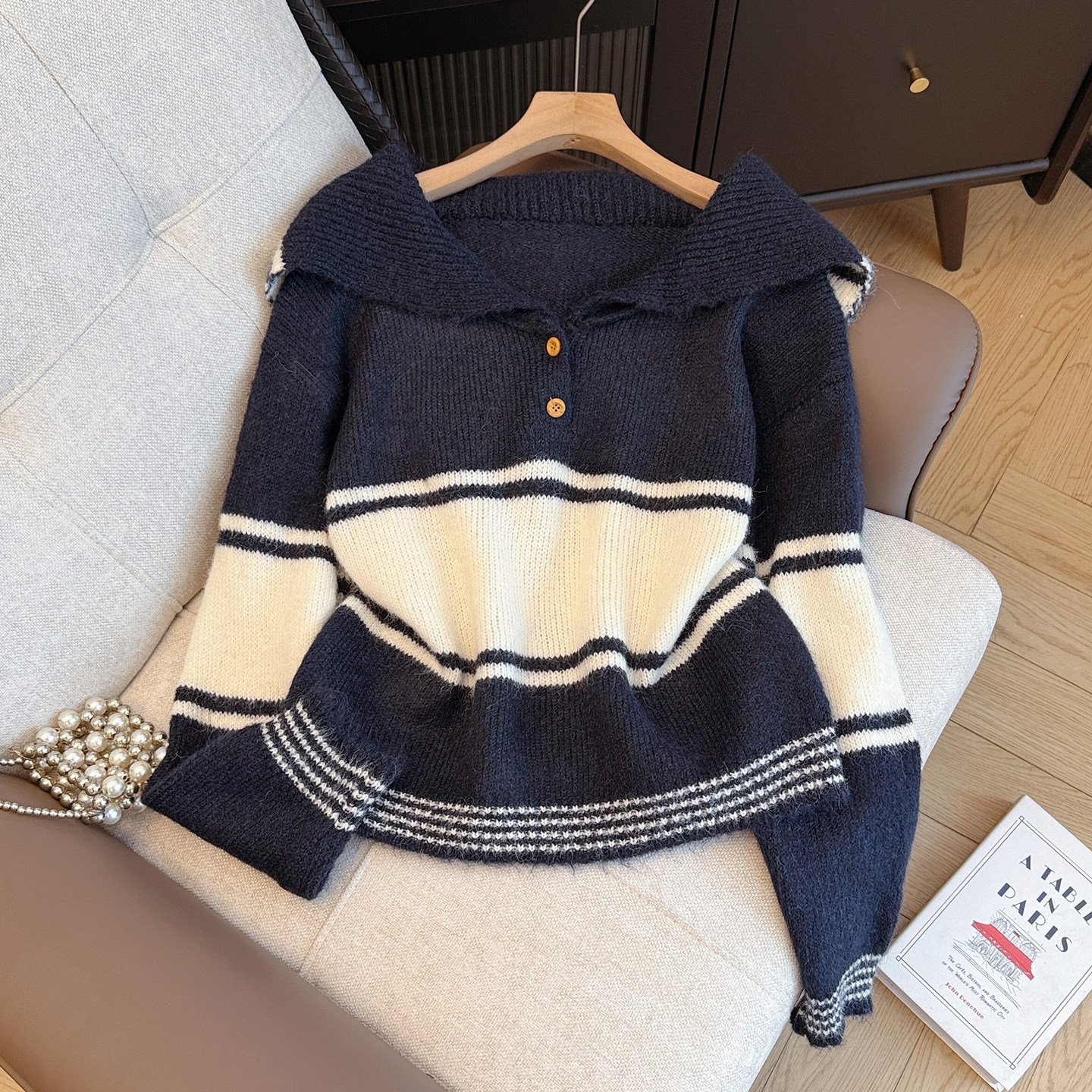 拉夏贝尔温柔藏青条纹软糯针织毛衣女秋独特海军领宽松长袖上衣,女装/女士精品,毛针织衫,淘宝优惠券,粉丝福利购,淘宝优惠卷