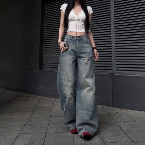 拉夏贝尔阔腿牛仔裤女小众夏新款