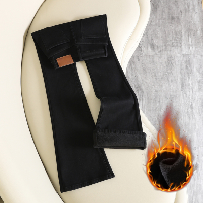 拉夏贝尔加绒高腰弹力微喇牛仔裤