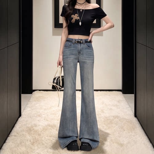 拉夏贝尔复古做旧微喇牛仔裤女夏