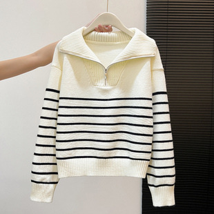 拉夏贝尔韩版黑白条纹半拉链翻领针织毛衣女宽松显瘦休闲长袖上衣