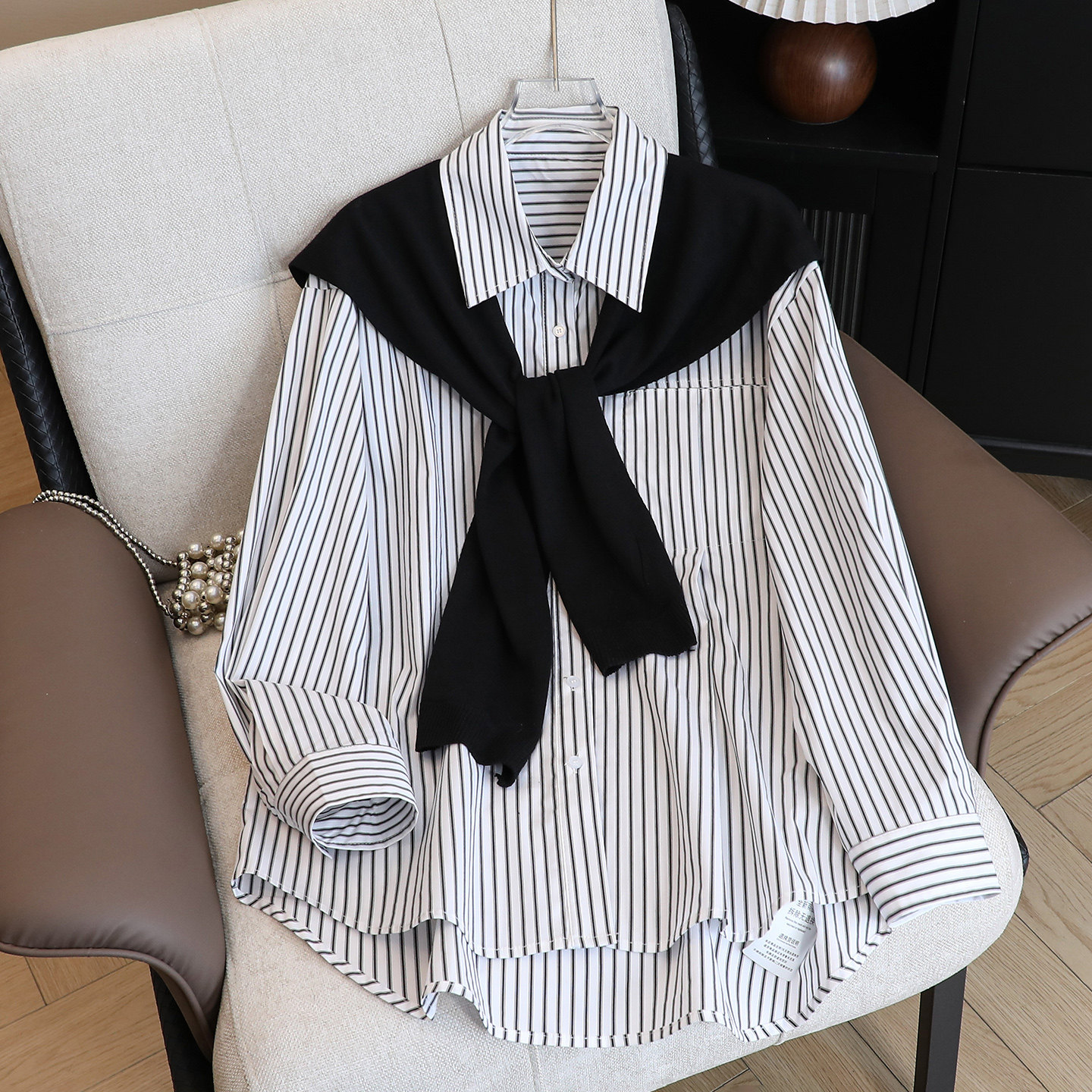 拉夏贝尔Polo领长袖条纹打底衬衫女款夏季显瘦高级感法式披肩上衣