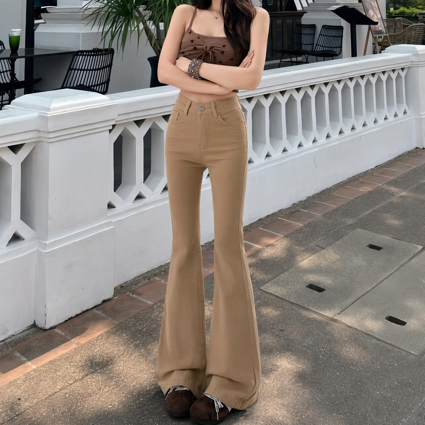 拉夏贝尔卡其高腰弹力微喇牛仔裤女夏季新款修身显瘦辣妹喇叭裤子