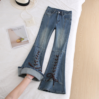 拉夏贝尔怀旧蓝微喇牛仔裤女冬季