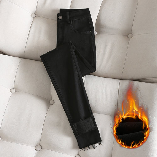 拉夏贝尔黑色牛仔裤女秋冬加绒