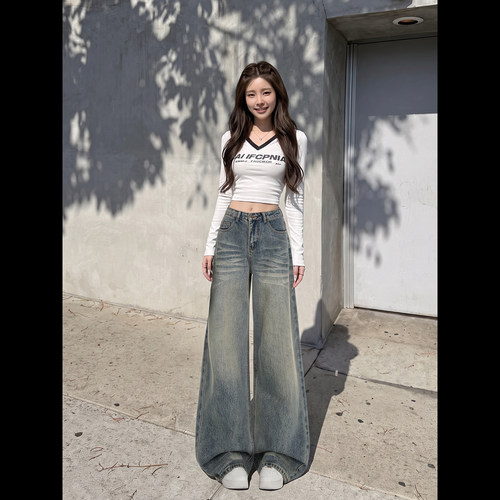 拉夏贝尔美式怀旧蓝高腰牛仔裤女