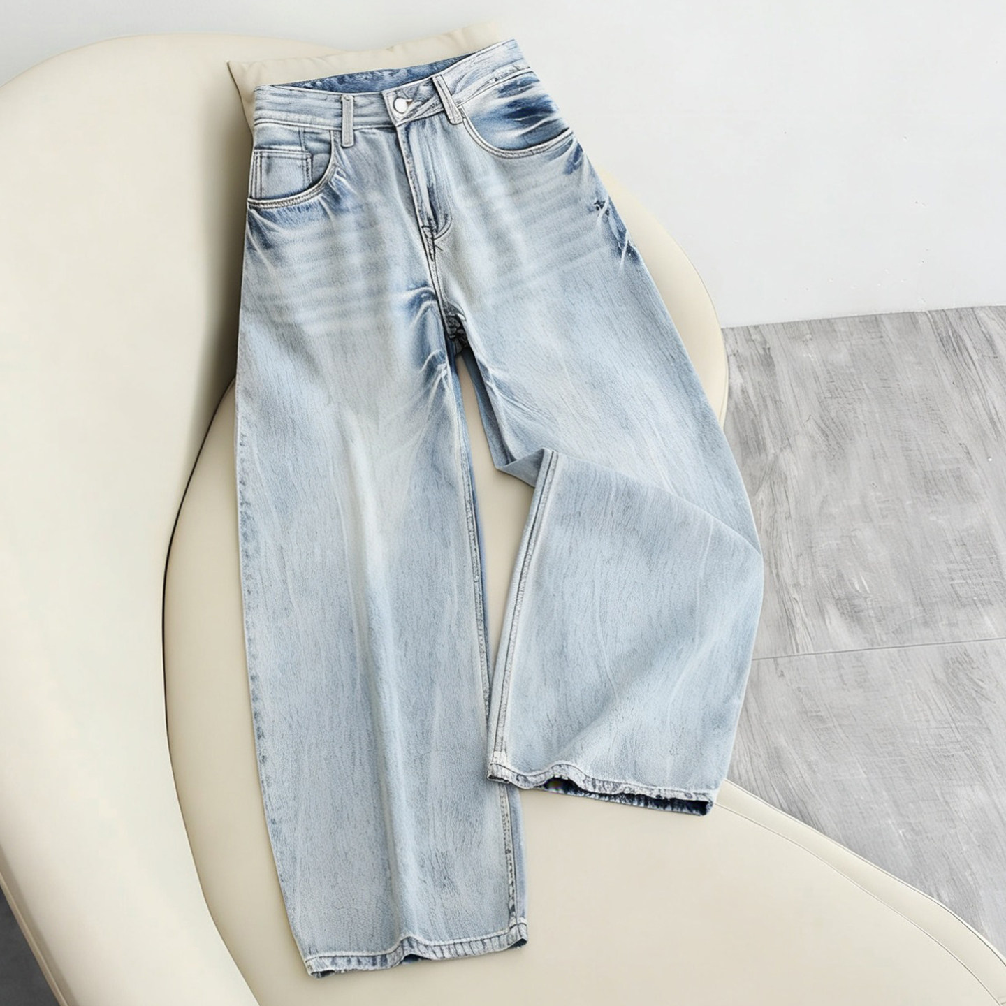 拉夏贝尔蓝色垂感牛仔裤女2026春季阔腿小个子高腰显瘦弯刀阔腿裤,女装/女士精品,牛仔裤,淘宝优惠券,粉丝福利购,淘宝优惠卷