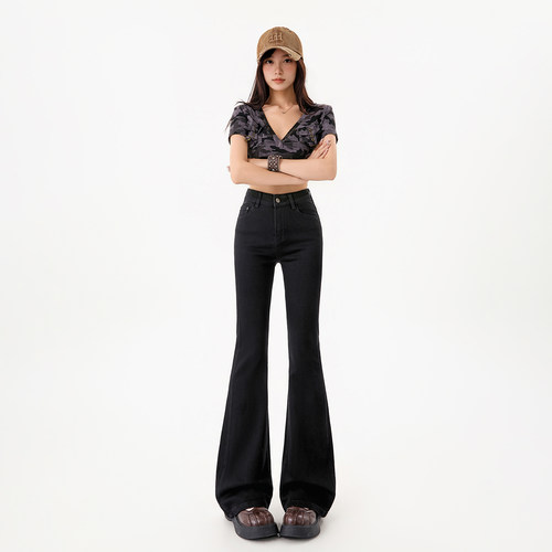拉夏贝尔黑色微喇牛仔裤女2026夏