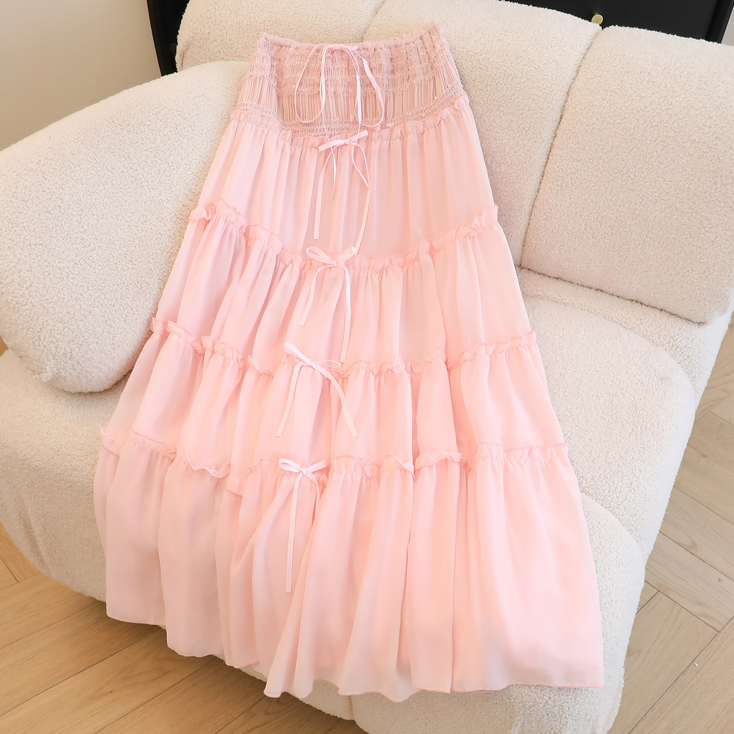 拉夏贝尔法式粉色高腰半身裙女夏季新款A字蛋糕裙垂感大摆长裙子