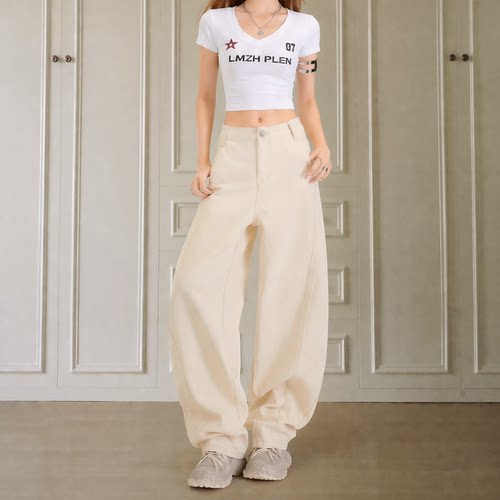 拉夏贝尔杏色高腰阔腿牛仔裤女夏