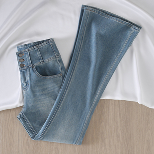 拉夏贝尔「四面弹」排扣高腰微喇牛仔裤女2026春季新款修身喇叭裤