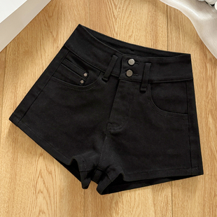 设计感提臀弹力显瘦辣妹热裤 拉夏贝尔黑色双扣牛仔短裤 女2025夏季