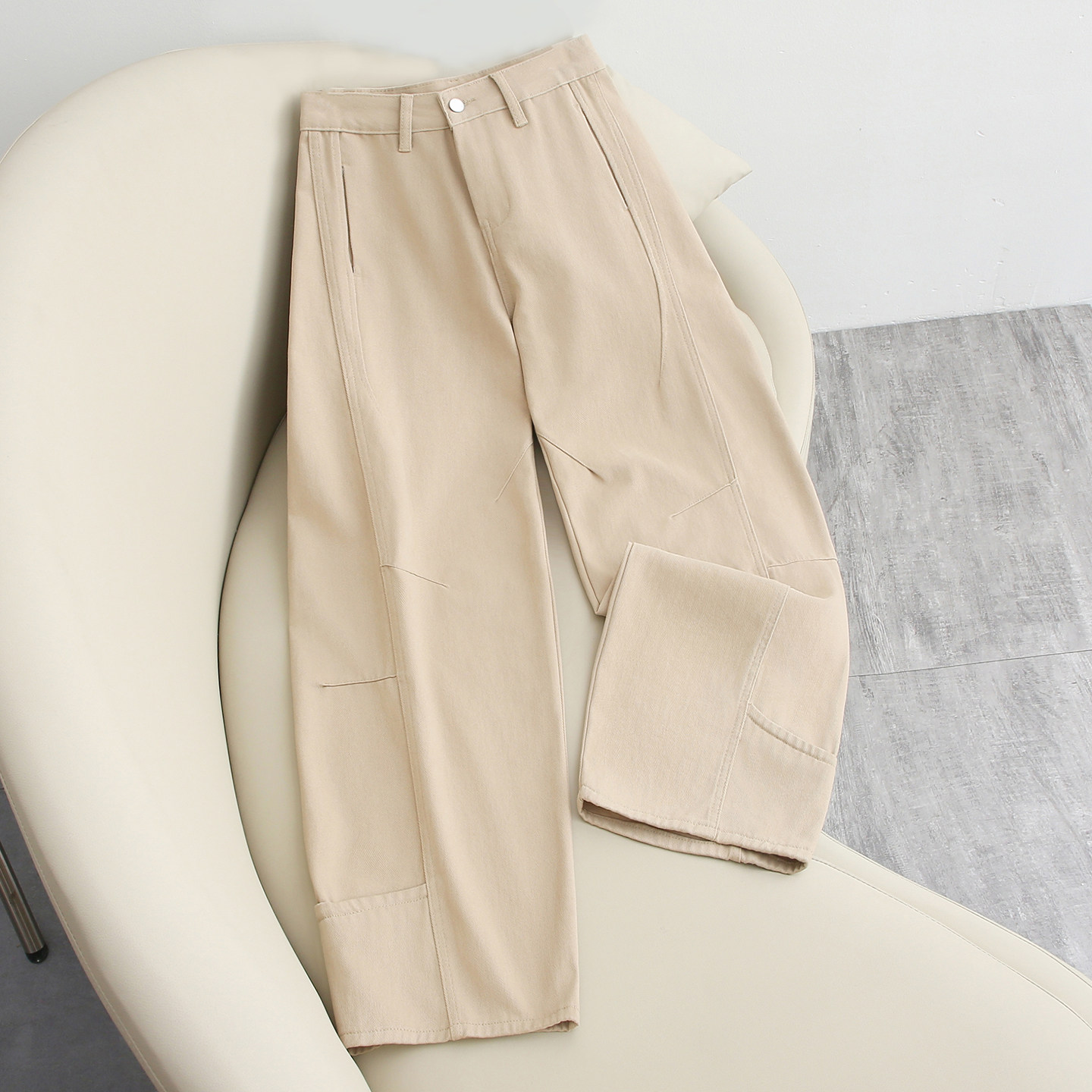 拉夏贝尔高街卡其色宽松阔腿牛仔裤女美式高腰梨形直筒窄版弯刀裤,女装/女士精品,牛仔裤,淘宝优惠券,粉丝福利购,淘宝优惠卷