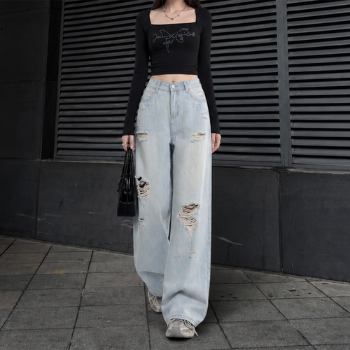 拉夏贝尔破洞高腰显瘦牛仔裤女