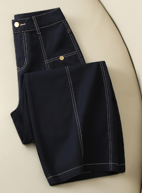 拉夏贝尔明线香蕉直筒裤女2026春季新款高腰显瘦休闲藏蓝色弯刀裤