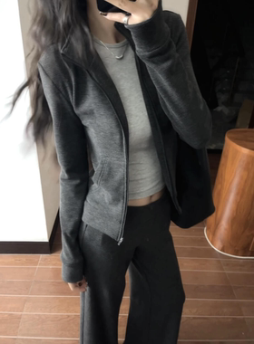 灰色条纹立领修身外套女款春季收腰短款上衣高级休闲卫衣运动套装