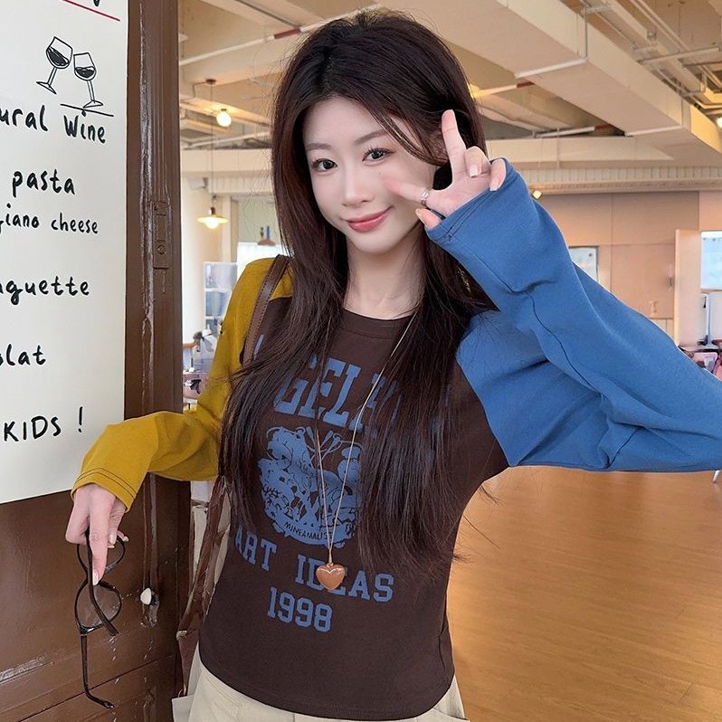 插肩袖潮长袖t恤打底衫女薄款春秋撞色新款修身圆领上衣