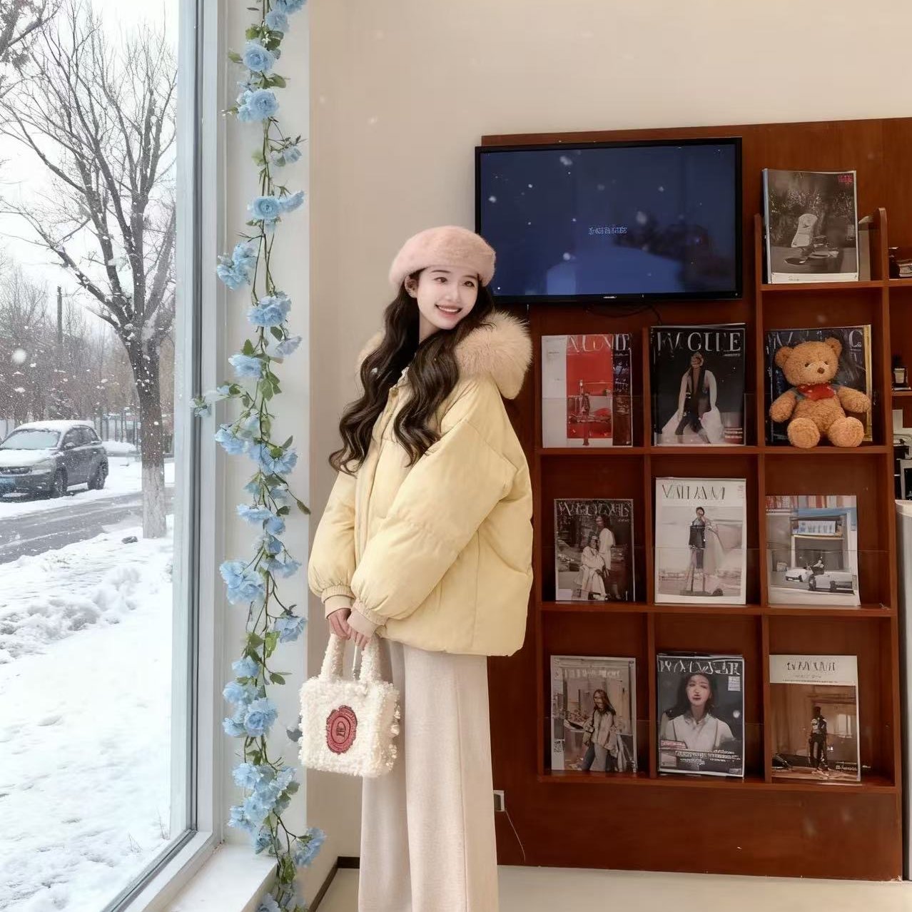 2025新款韩系夹棉外套保暖小个子高级感超好看黄色短款棉服女冬季