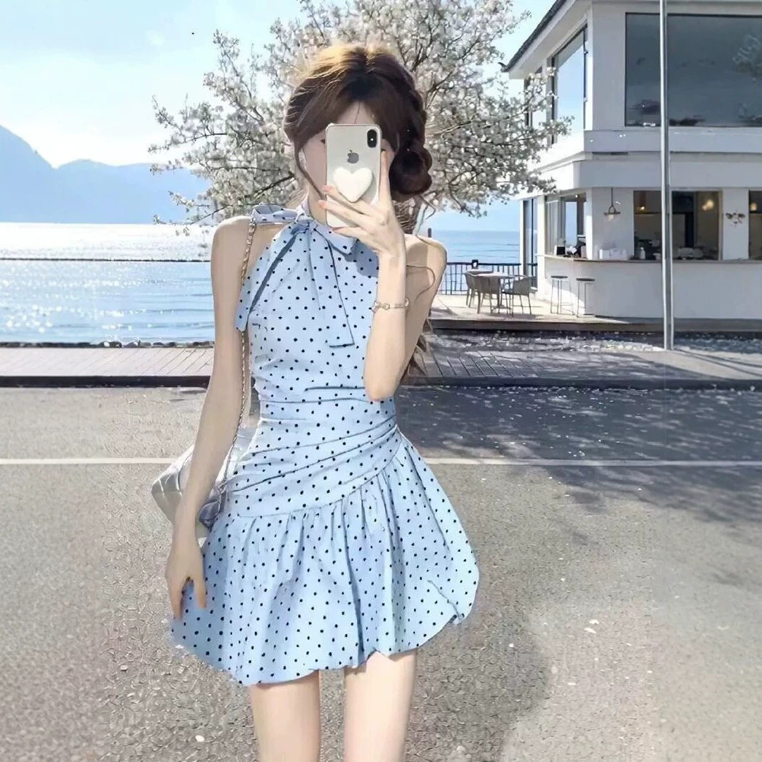 蓝色波点无袖挂脖连衣裙子女夏季连衣裙
