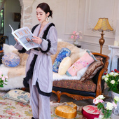 系带睡袍家居服 秋冬季 银灰丝绒褶皱法兰绒加绒加厚睡衣女款 套装