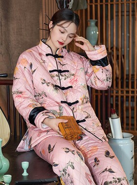 原创设计国风蝴蝶庄园睡衣女套装长袖加厚中式冬款保暖夹棉两件套