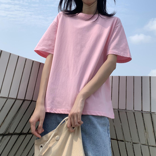 上衣 简约粉色短袖 t恤女宽松学生韩版 ins夏季 棉质港风纯色内搭半袖