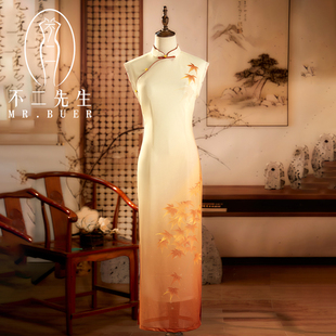 不二黄色新中式旗袍2026老上海枫叶国风主持礼服渐变色舞台演出服