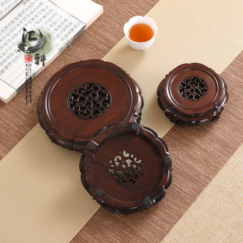 实木非洲酸枝圆形茶壶香炉葫芦铜器摆件盆景展示整木仿古底座木托