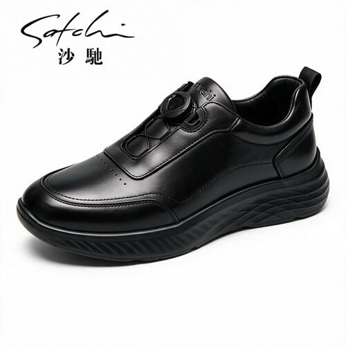 沙驰男鞋2026春秋新款商务牛皮休闲皮鞋男士轻便弹软旋转自动扣