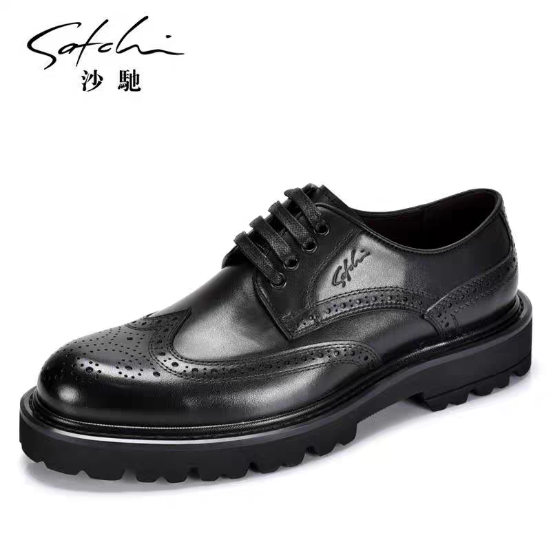 沙驰男鞋春季新款商务英伦风布洛克系带正装皮鞋牛皮宴会男士潮鞋