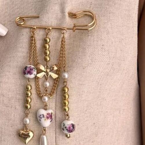 Bow Love Heart Pendant Tassel Metal Chain Pearl Brooch Pin S