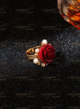 naingirl红色玫瑰花珍珠戒指女复古甜美开口戒指J3009