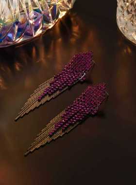 naingirl紫色水钻流苏925银针耳环女时尚气质个性长款耳饰E9083