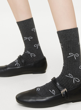 灰色中筒袜子女春秋款防臭吸汗秋冬季蝴蝶结长筒堆堆袜搭配小皮鞋