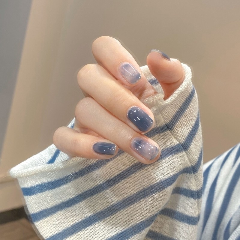 指甲贴片冰透美甲成品蓝色大海的传说雾霾蓝晕染可拆卸式手工甲片