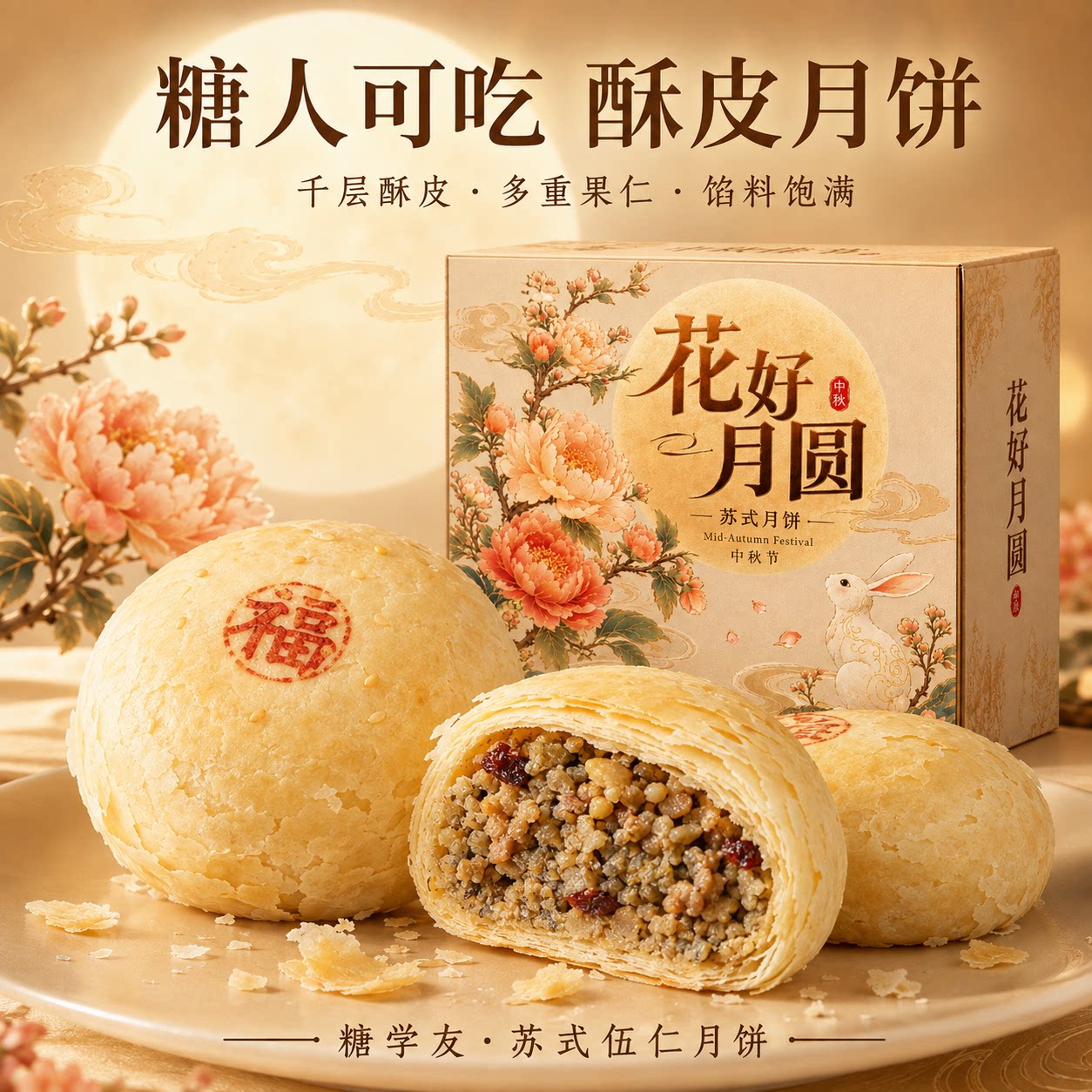 糖学友无糖精月饼控糖期糖人月饼传统五仁味江南苏式糕点心中秋节