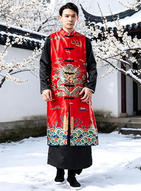 春季新款唐装男大龙长马褂中国长袍盘扣马褂坎肩男式休闲民族服装