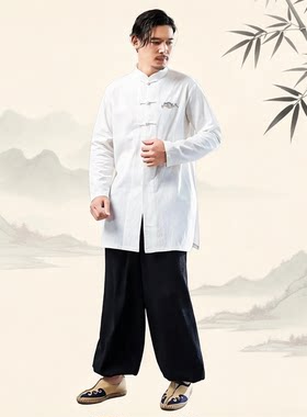 2026秋季新品云秋复古男式盘扣立领中国风衬衫棉麻刺绣中长款