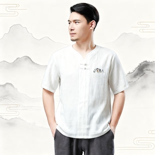 中国文艺风短袖男2026夏季新品棉麻刺绣休闲男式T恤修身款