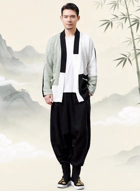 2026春秋拼色皱开衫复古长袖衬衫中国风休闲立领偏厚男式衬衫
