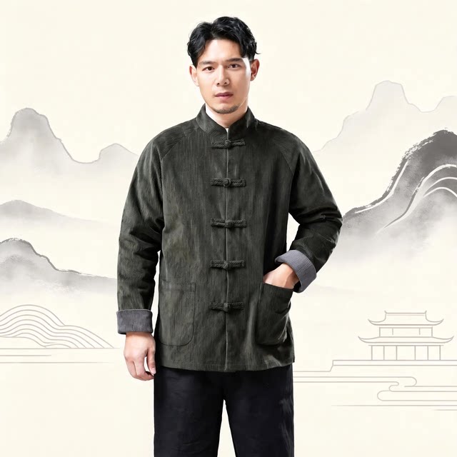 春季中国风新品灯芯绒外套男款对襟衬衫宽松休闲青年立领上衣